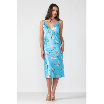 Rochie-Furou  din satin de matase - Model Ivy Birds of Paradise - Culoare Albastru cu Imprimeu Pasari