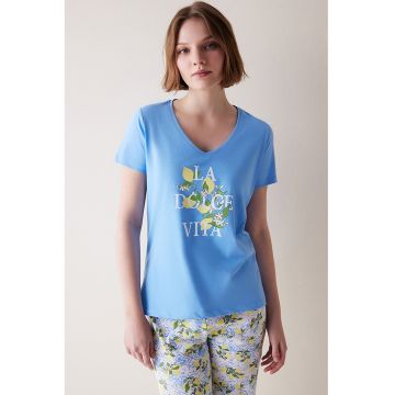 Bluza de pijama din bumbac cu maneci scurte si decolteu in V