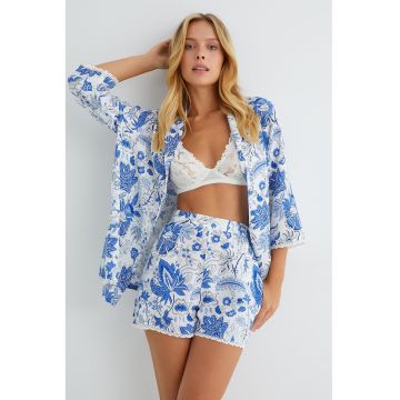 Pantaloni scurti de pijama cu talie inalta si motive florale - Alb/Albastru
