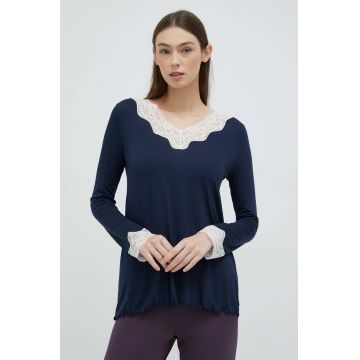 United Colors of Benetton longsleeve de pijama culoarea albastru marin