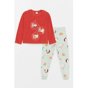 Pijama cu imprimeu grafic si pantaloni lungi