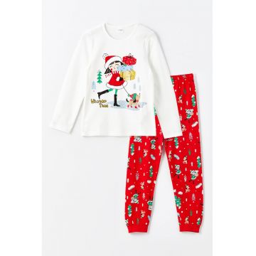 Pijama din bumbac cu imprimeu tematic de Craciun - Rosu/Alb murdar
