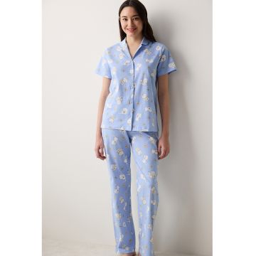 Pijama cu imprimeu cu pisici si decolteu in V
