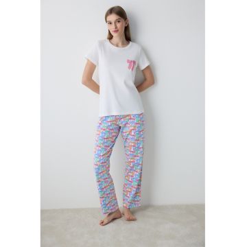 Pijama cu imprimeu si maneci scurte