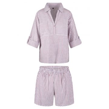 Pijama cu model in dungi si pantaloni scurti - Alb/Lila