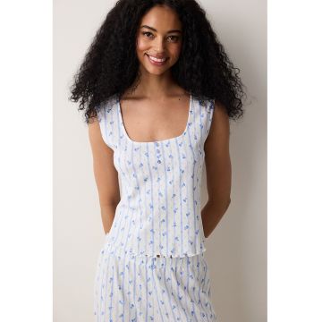 Top de pijama din bumbac cu model floral si aplicatii cu trandafiri