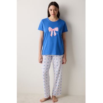 Pijama de bumbac cu imprimeu cu funda