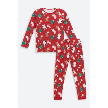 Pijama cu pantaloni lungi din bumbac si tematica de Craciun