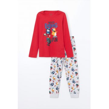 Pijama din bumbac cu imprimeu cu desene animate