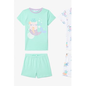 Pijama din bumbac cu imprimeu grafic si maneci scurte
