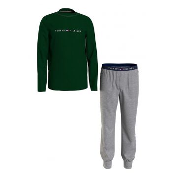 Pijama din bumbac cu imprimeu logo si pantaloni lungi