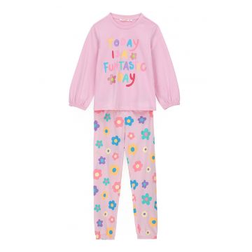 Pijama din bumbac cu model text si floral