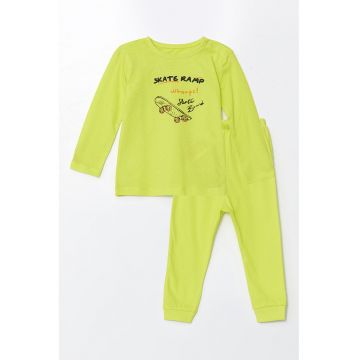 Pijama lunga din bumbac cu imprimeu frontal