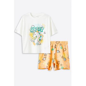 Pijama scurta cu imprimeu unicorn frontal
