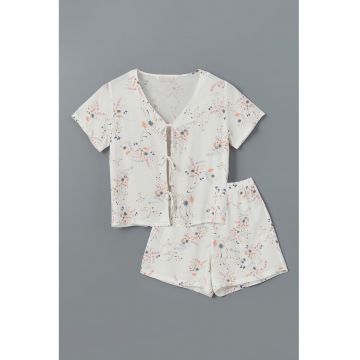 Pijama cu decolteu in V si imprimeu floral