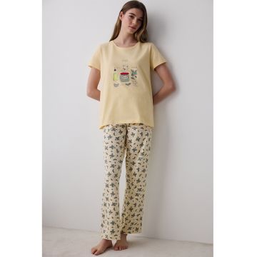 Pijama cu decolteu rotund si imprimeu