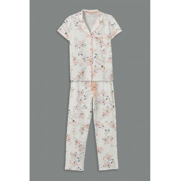 Pijama cu imprimeu floral si pantaloni lungi