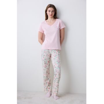 Pijama cu imprimeu grafic si pantaloni lungi