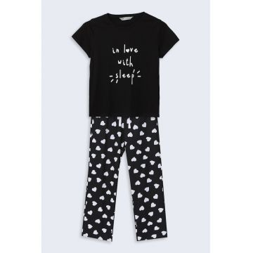 Pijama din bumbac cu imprimeu inima