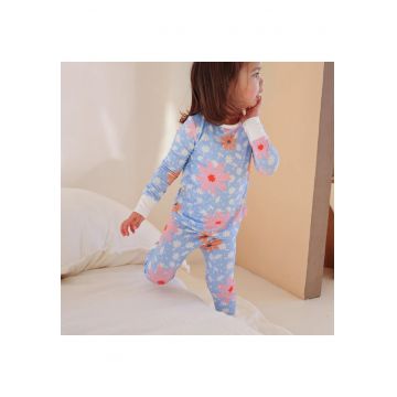 Pijamale 2 piese - material din bambus -  - Daisy - Bleu cu floricele Roz - pentru fetite
