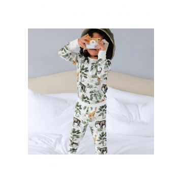 Pijamale 2 piese - material din bambus -  - Jungle - Alb si Verde - pentru baieti