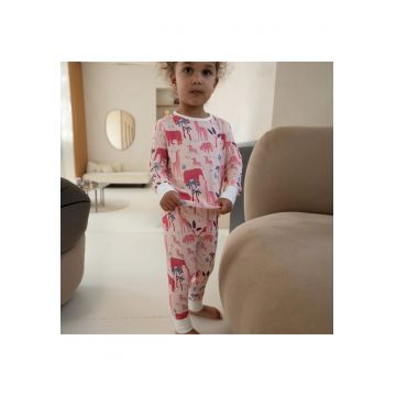 Pijamale 2 piese - material din bambus -  - Pink Safari - Roz cu Elefanti - pentru fetite