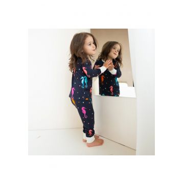 Pijamale 2 piese - material din bambus -  - SeaHorse - Bleumarin cu caluti de mare Multicolori - pentru fetite - 92-100 (2-3 ani) - Seahorse