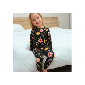 Pijamale 2 piese - material din bambus -  - WildFlower - Verde Inchis cu floricele Multicolore - pentru fetite