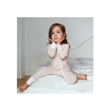 Pijamale lungi din bambus cu fermoar reversibil -  - LoveHearts - Nude cu Inimioare Albe - pentru fetite