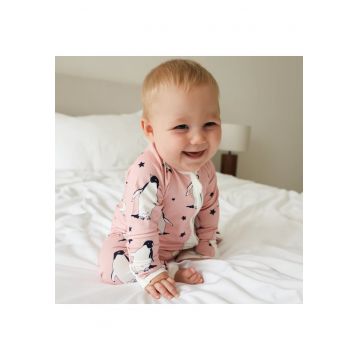 Pijamale lungi din bambus cu fermoar reversibil -  - Pink Penguin - Roz - pentru fetite