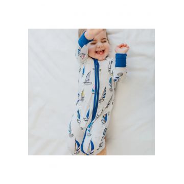 Pijamale lungi din bambus cu fermoar reversibil -  - Sailing - Alb si Albastru cu barcute - pentru baieti