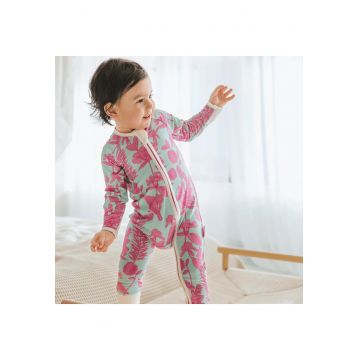 Pijamale lungi din bambus cu fermoar reversibil -  - SongBird - Turcoaz cu floricele Roz - pentru fetite