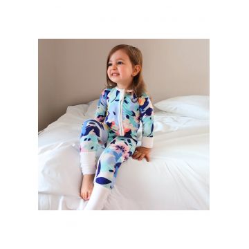 Pijamale lungi din bambus cu fermoar reversibil -  - WaterColors - Multicolor Bleu - pentru fetite