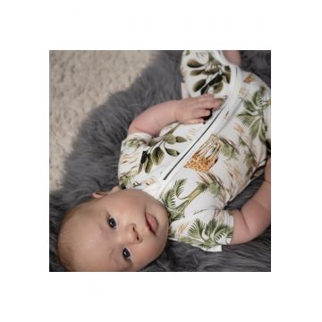Pijamale scurte din bambus cu fermoar reversibil - - Shortie Jungle - Alb cu Verde - pentru fetite si baietei