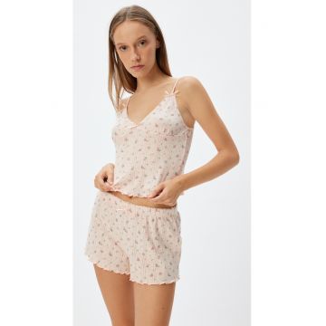 Top crop de pijama cu model floral si funde decorative