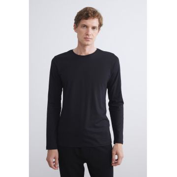 Bluza de pijama din amestec de bumbac cu decolteu la baza gatulu - Negru