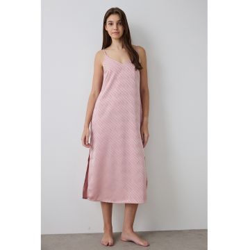 Camasa de noapte midi din satin cu model zebra - Roz somon