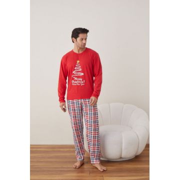 Pijama barbati de Craciun din bumbac, doua piese cu bradul lui Mos Craciun pe rosu