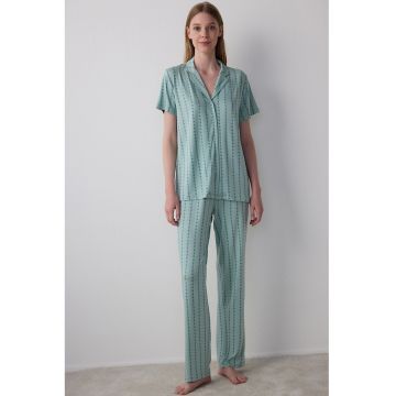 Pijama cu decolteu in V si dungi - Verde persan