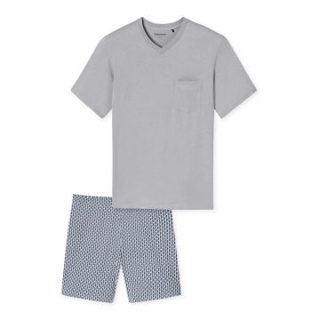 Pijama cu decolteu in V si pantaloni scurti - Gri deschis/Albastru