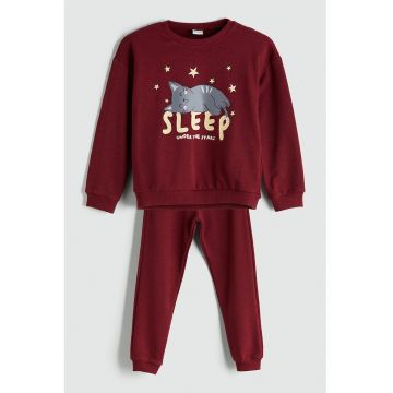 Pijama cu imprimeu cu pisici - Visiniu/Galben pal