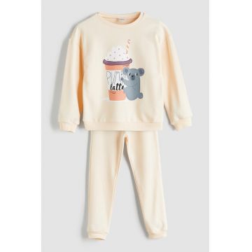 Pijama cu model grafic si pantaloni lungi - Gri/Portocaliu pal