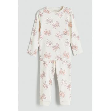 Pijama cu pantaloni lungi din bumbac si imprimeu - Coral/Bej deschis