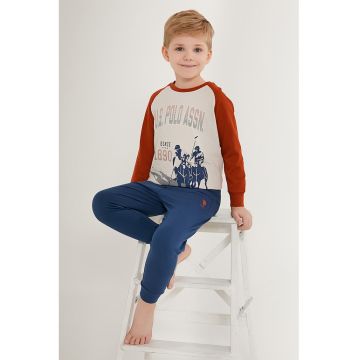 Pijama cu pantaloni lungi si model colorblock - Bej/Caramiziu/Bleumarin