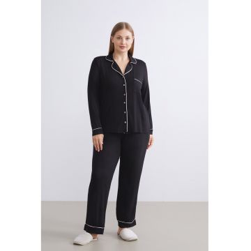 Pijama cu pantaloni lungi si model uni - Negru