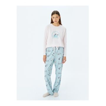 Pijama de bumbac cu imprimeu si pantaloni lungi