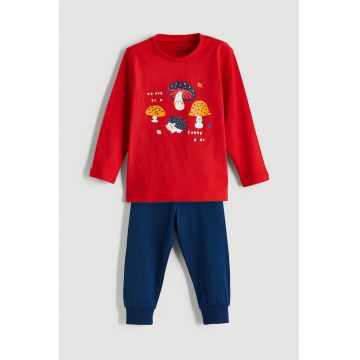 Pijama lunga cu imprimeu frontal - Rosu/Bleumarin