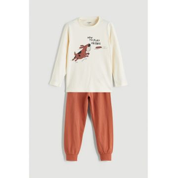 Pijama lunga cu imprimeu grafic - Negru stins/Portocaliu stins/Alb murdar