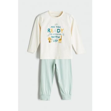 Pijama lunga cu text - Portocaliu stins/Alb murdar/Verde menta