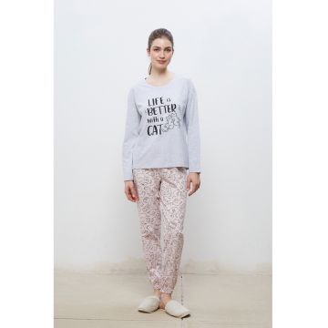 Pijama regular-fit cu text si imprimeu grafic - Albastru pastel/Roz prafuit